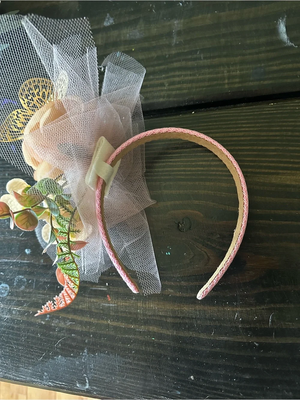 Pink Floral Tulle Headband with Decorative Blooms